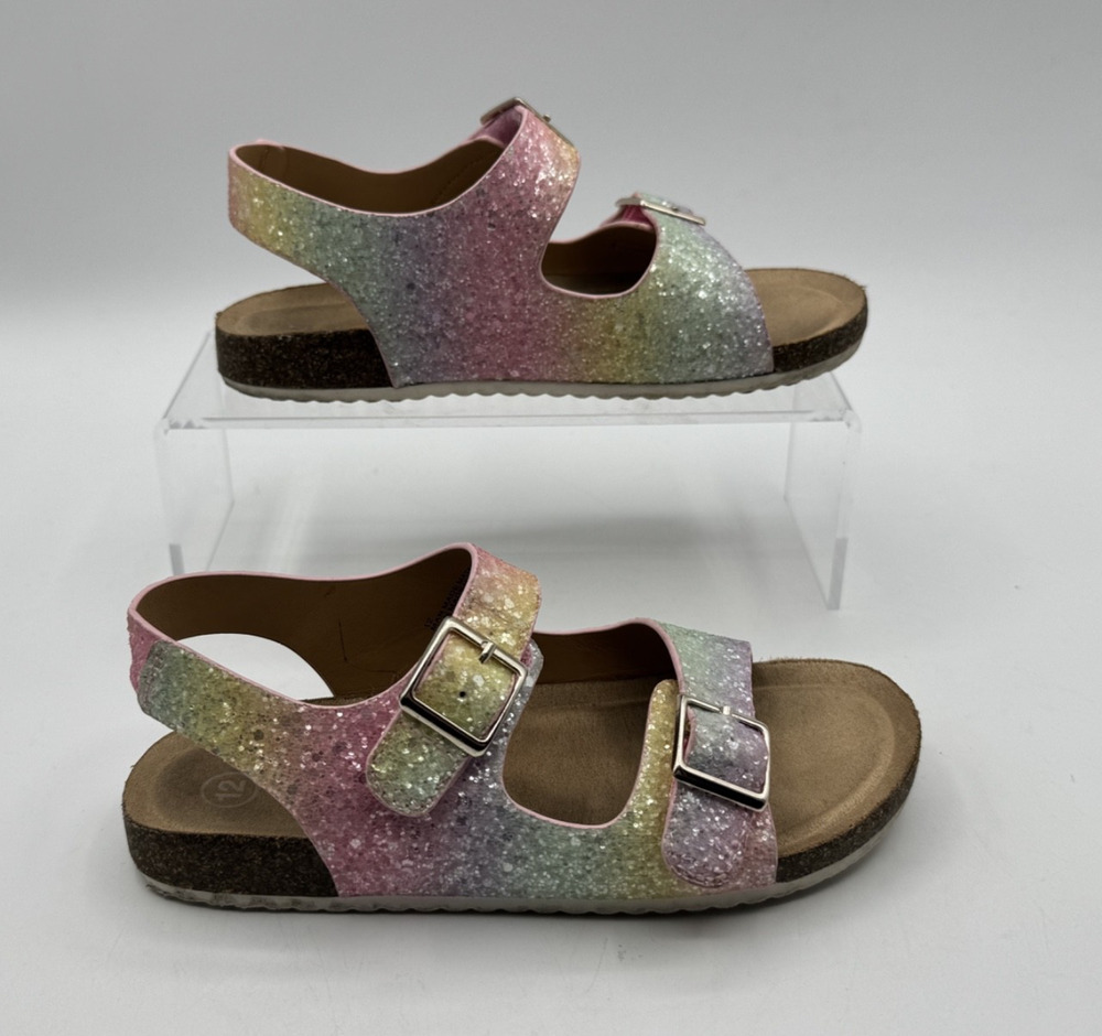 Cat & Jack Multi Color Glitter Girls Buckle Sandals, Adjustable Sz.12 Pre-owned
